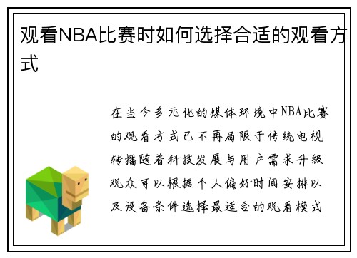 观看NBA比赛时如何选择合适的观看方式